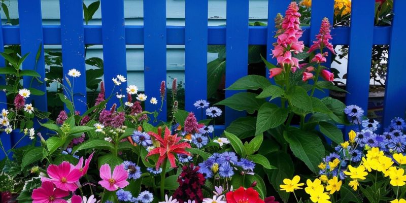 A Blue Picket Fence With Colorful Flowers in Front of It