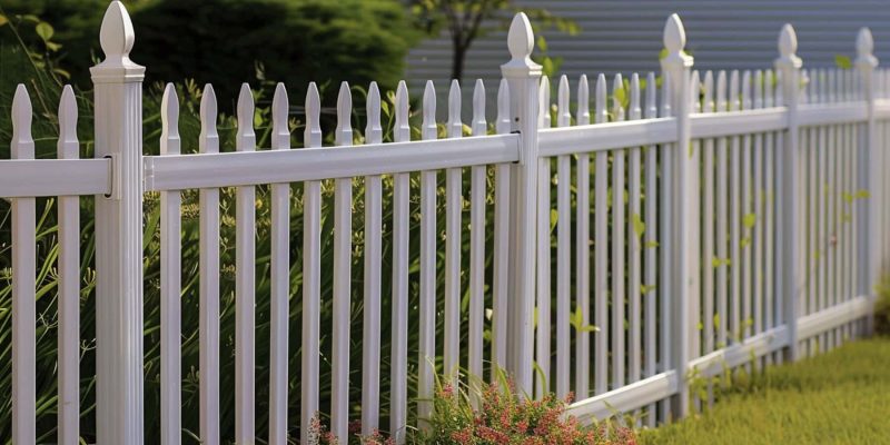 White vinyl picket fence with white top and point on each post for backyard in home garden landscape