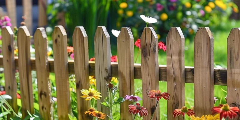 wooden picket fence with rounded top in the garden behind flowers and grass
