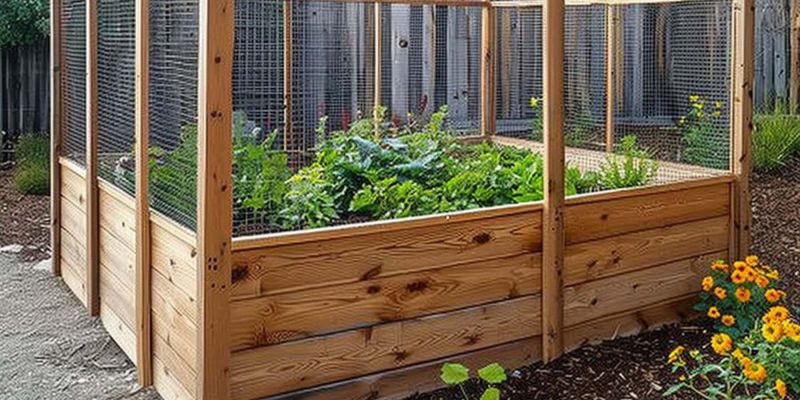 A raised vegetable garden bed with wooden sides and top